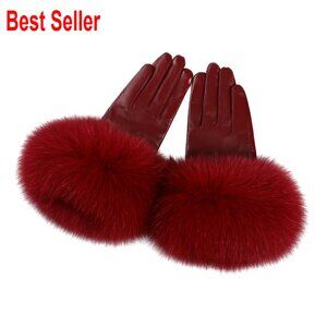 Genuine Lambskin Leather Gloves with Real Fox Fur Trim Cuff Winter Warm